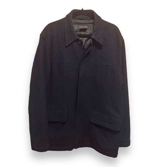 Navy blue wool coat Men’s size Large by Pierre Cardin button front and pockets - Picture 1 of 12
